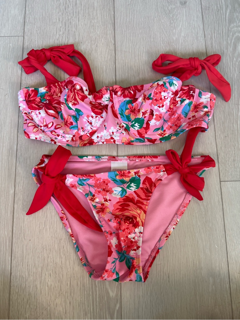 Xhilaration Pink Floral Two-Piece Bikini with Red Tie Straps